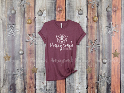 Christmas Mockup, Heather Maroon Bella Canvas 3001 T-Shirt Mockup, Hanging Mockup, Women's Heather Maroon T-Shirt Mockup, Holiday Mockup Mock Up Photo Honeycomb Mockups 