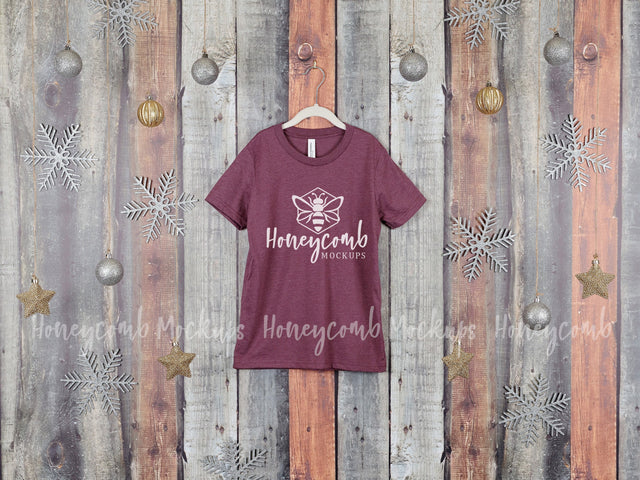 Christmas Mockup, Heather Maroon Bella Canvas 3001Y T-Shirt Mockup, Holiday Mockup, Hanging Mockup, Kids Maroon T-Shirt Mockup Mock Up Photo Honeycomb Mockups 