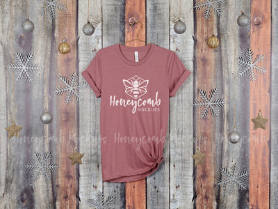 Christmas Mockup, Heather Mauve Bella Canvas 3001 T-Shirt Mockup, Hanging Mockup, Women's Heather Mauve T-Shirt Mockup, Holiday Mockup Mock Up Photo Honeycomb Mockups 