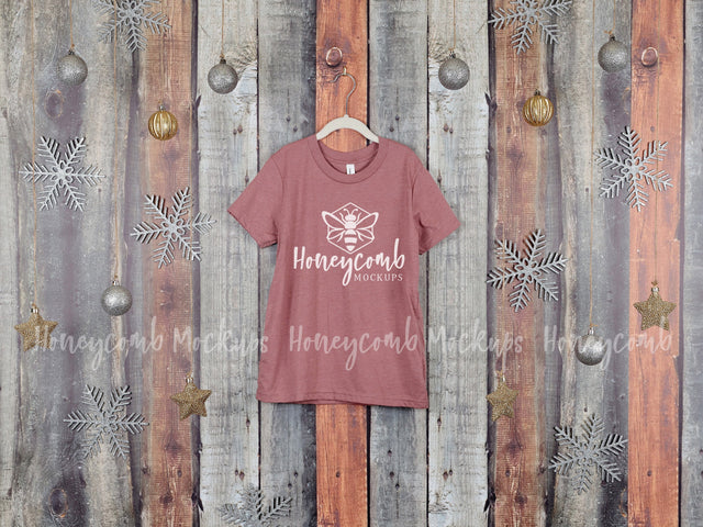 Christmas Mockup, Heather Mauve Bella Canvas 3001Y T-Shirt Mockup, Holiday Mockup, Hanging Mockup, Kids Mauve T-Shirt Mockup Mock Up Photo Honeycomb Mockups 