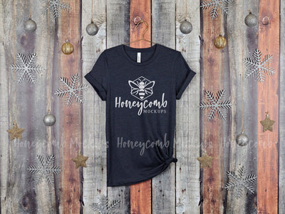 Christmas Mockup, Heather Mid Navy Bella Canvas 3001 T-Shirt Mockup, Hanging Mockup, Women's Heather Mid Navy T-Shirt Mockup, Holiday Mockup Mock Up Photo Honeycomb Mockups 