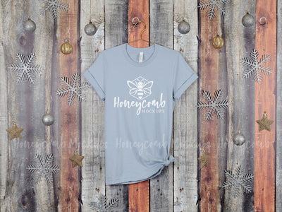 Christmas Mockup, Light Blue Bella Canvas 3001 T-Shirt Mockup, Hanging Mockup, Women's Light Blue T-Shirt Mockup, Holiday Mockup Mock Up Photo Honeycomb Mockups 