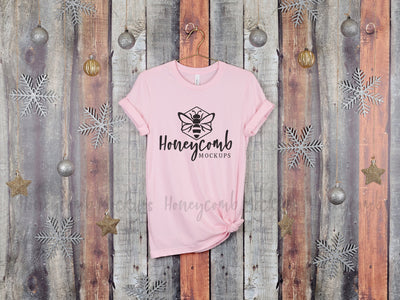 Christmas Mockup, Pink Bella Canvas 3001 T-Shirt Mockup, Hanging Mockup, Women's Pink T-Shirt Mockup, Holiday Mockup Mock Up Photo Honeycomb Mockups 