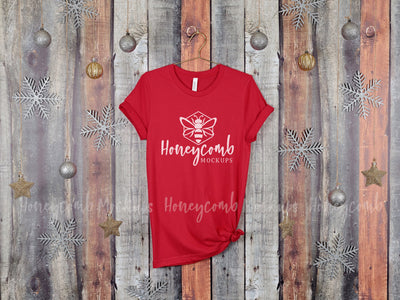 Christmas Mockup, Red Bella Canvas 3001 T-Shirt Mockup, Hanging Mockup, Women's Red T-Shirt Mockup, Holiday Mockup Mock Up Photo Honeycomb Mockups 