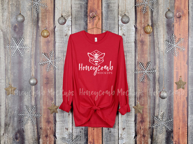 Christmas Mockup, Red Bella Canvas 3501 Mockup, Hanging Mockup, Holiday Mockup, Long Sleeve Mockup Mock Up Photo Honeycomb Mockups 