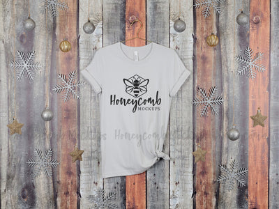 Christmas Mockup, Silver Bella Canvas 3001 T-Shirt Mockup, Hanging Mockup, Women's Silver T-Shirt Mockup, Holiday Mockup Mock Up Photo Honeycomb Mockups 
