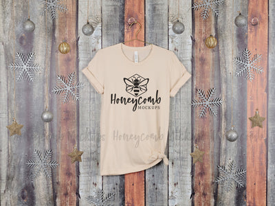 Christmas Mockup, Soft Cream Bella Canvas 3001 T-Shirt Mockup, Hanging Mockup, Women's Soft Cream T-Shirt Mockup, Holiday Mockup Mock Up Photo Honeycomb Mockups 