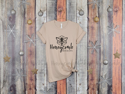 Christmas Mockup, Tan Bella Canvas 3001 T-Shirt Mockup, Hanging Mockup, Women's Tan T-Shirt Mockup, Holiday Mockup Mock Up Photo Honeycomb Mockups 