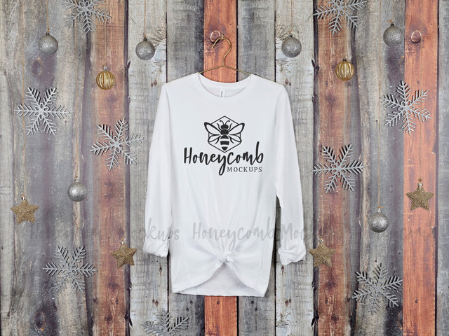 Christmas Mockup, White Bella Canvas 3501 Mockup, Hanging Mockup, Holiday Mockup, Long Sleeve Mockup Mock Up Photo Honeycomb Mockups 