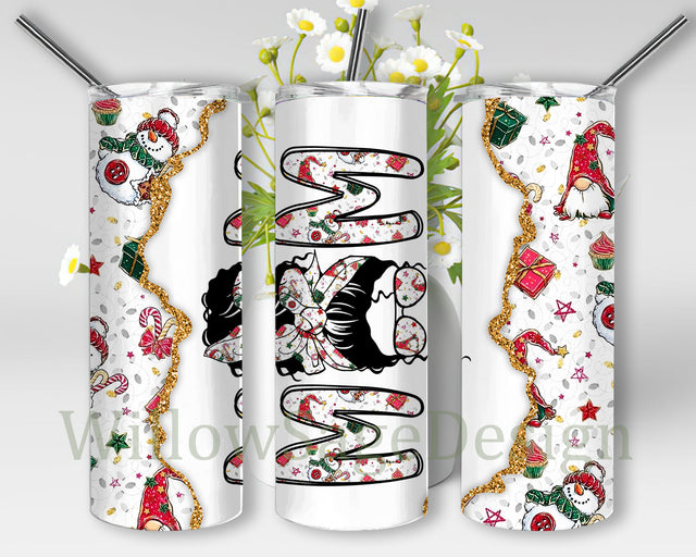 Christmas Mom Glitter Tumbler Png, Messy Bun Mom Christmas 20oz Skinny Tumbler, Christmas Gnome Snowman Design Png, Mom Sublimation Design, Digital Download Sublimation WillowSageDesign 