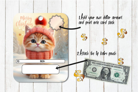 Christmas Money Card Printable: Lip Balm Card, Cat & Dog Sublimation OrangeBrushStudio 