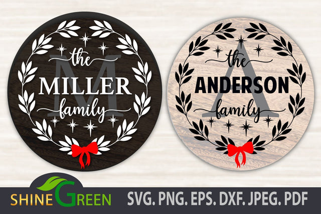 Christmas Monogram SVG Cut File, Flower Wreath with Bowtie SVG Shine Green Art 