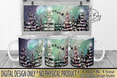 Christmas Mug Northern Lights Full Wrap Sublimation Design Santa's Sleigh PNG 11oz and 15oz Mug PNG Designs Sublimation Jula Bay Design Studio 