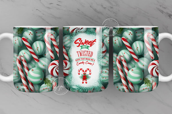 Candy Cane Mug: 11 oz.; white ceramic; Wrap-around design