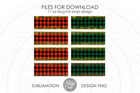 Christmas Mug Wrap PNG with plaid and glitter Sublimation Artisan Craft SVG 