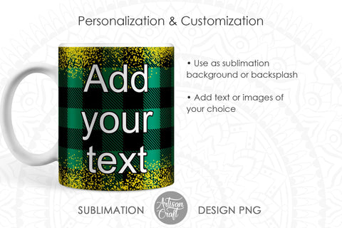 Christmas Mug Wrap PNG with plaid and glitter Sublimation Artisan Craft SVG 