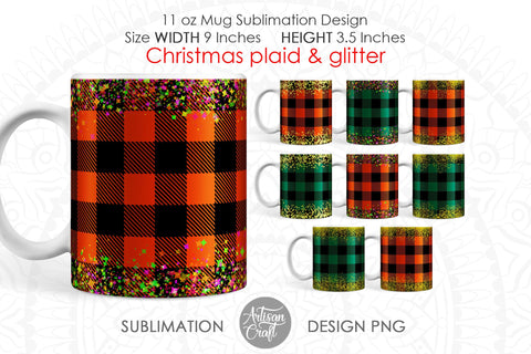 Christmas Mug Wrap PNG with plaid and glitter Sublimation Artisan Craft SVG 