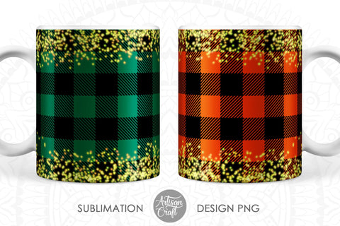 Christmas Mug Wrap PNG with plaid and glitter Sublimation Artisan Craft SVG 