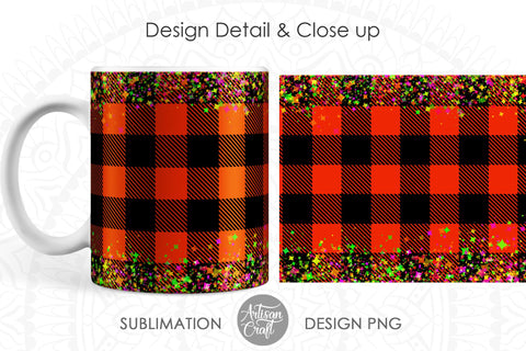 Christmas Mug Wrap PNG with plaid and glitter Sublimation Artisan Craft SVG 