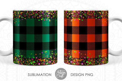 Christmas Mug Wrap PNG with plaid and glitter Sublimation Artisan Craft SVG 