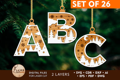 CHRISTMAS ORNAMENT Alphabet Bauble Bundle Multilayer Laser Cut Files, Mandala, Round Sign SVG, 3D Designs, Mini Design Bundles SVG LaserCutano 