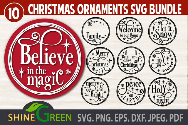 Christmas Ornament Bundle SVG 10 Round Signs SVG Shine Green Art 