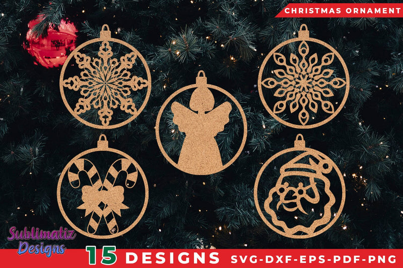 Christmas Ornament Bundle SVG Set of 15 Designs, Laser Cut SVG Bundle SVG Sublimatiz Designs 