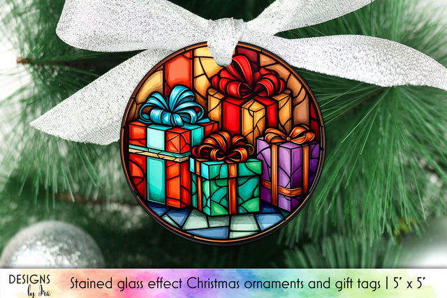 Christmas Ornament Design with Christmas Presents Stained Glass Sublimation Designs by Ira 