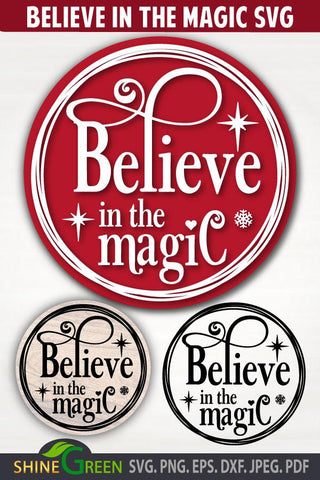 Christmas Ornament SVG - Believe in the Magic Round Sign SVG Shine Green Art 