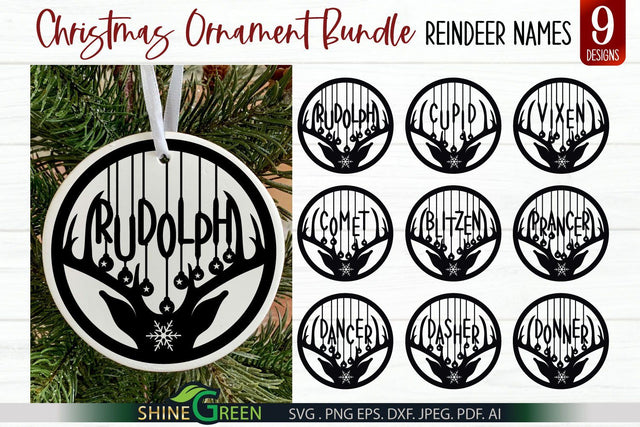 Christmas Ornament SVG Bundle - Reindeer Names Round Sign for Home, Farmhouse SVG Shine Green Art 