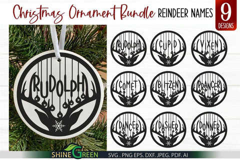 Christmas Ornament SVG Bundle - Reindeer Names Round Sign for Home, Farmhouse SVG Shine Green Art 