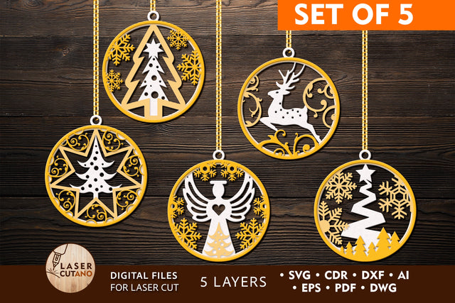 CHRISTMAS ORNAMENTS BUNDLE Christmas Set Of 5 Baubles SVG LaserCutano 
