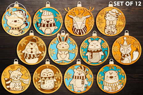 CHRISTMAS ORNAMENTS Christmas Baubles Bundle With Animals SVG LaserCutano 
