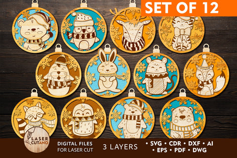 CHRISTMAS ORNAMENTS Christmas Baubles Bundle With Animals SVG LaserCutano 