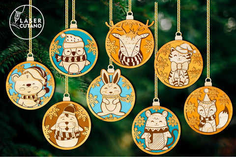 CHRISTMAS ORNAMENTS Christmas Baubles Bundle With Animals SVG LaserCutano 