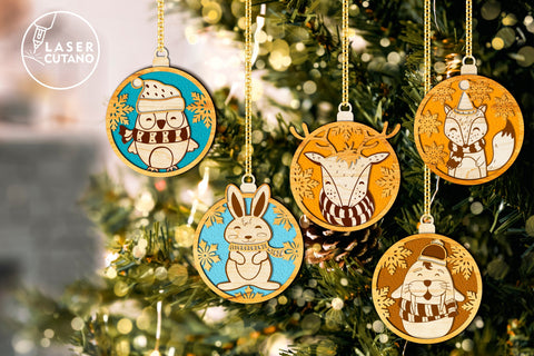 CHRISTMAS ORNAMENTS Christmas Baubles Bundle With Animals SVG LaserCutano 