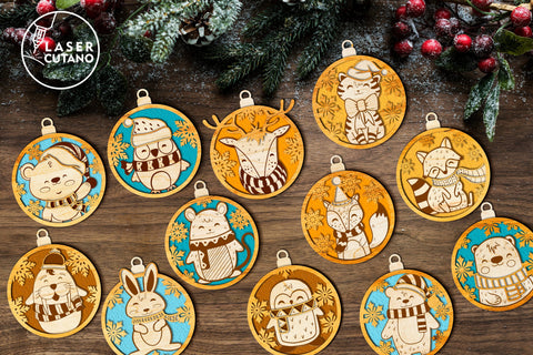 CHRISTMAS ORNAMENTS Christmas Baubles Bundle With Animals SVG LaserCutano 
