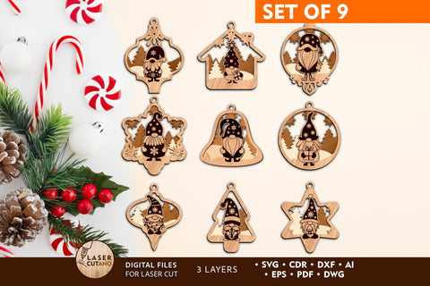 Christmas Ornaments Gnomes Bundle Cut Templates SVG LaserCutano 