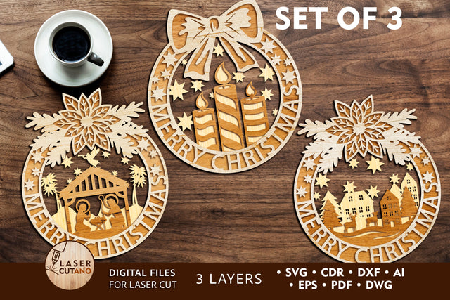 CHRISTMAS Ornaments SET OF 3 Design For Paper Cut and Laser Cut SVG LaserCutano 