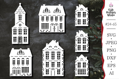 Christmas paper cut houses SVG cut file, Christmas wooden decorations svg SVG CutePicturesStudio 