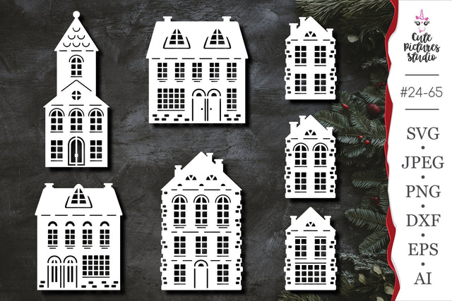 Christmas paper cut houses SVG cut file, Christmas wooden decorations svg SVG CutePicturesStudio 