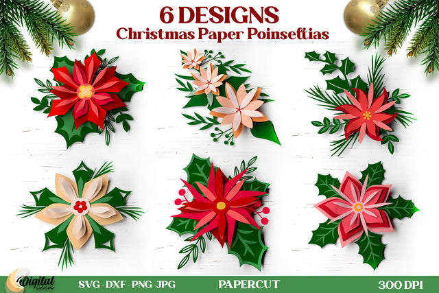 Christmas Paper Poinsettia Bundle. Christmas poinsettia Paper Cut. 3D Papercut SVG Evgenyia Guschina 
