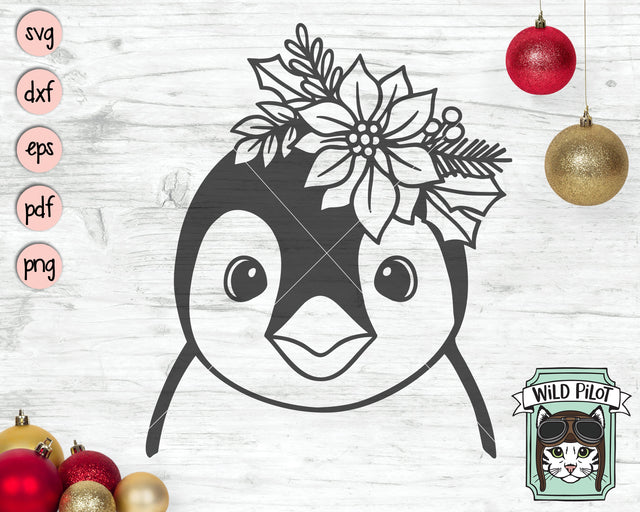 Christmas Penguin SVG file, Penguin Poinsettia SVG, Penguin cut file, Penguin Floral svg, Penguin Flower, Poinsettia Christmas Animals svg SVG Wild Pilot 
