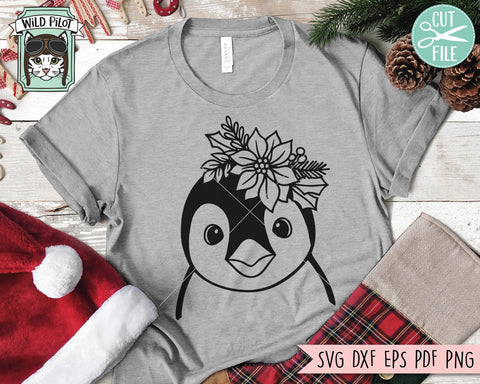 Christmas Penguin SVG file, Penguin Poinsettia SVG, Penguin cut file, Penguin Floral svg, Penguin Flower, Poinsettia Christmas Animals svg SVG Wild Pilot 