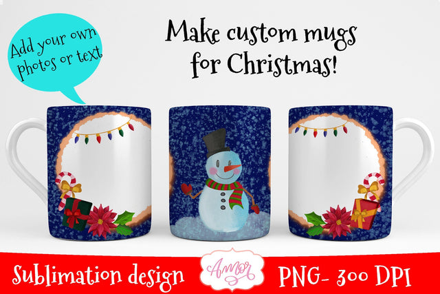 Christmas photo mug wrap for custom gifts, snowman mug png Sublimation Amorclipart 