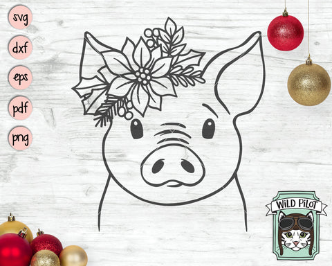 Christmas Pig SVG file, Pig Poinsettia SVG, Pig cut file, Pig Floral svg, Pig Flower svg, Christmas Animals svg, Poinsettia Animals svg, Farm Animal svg SVG Wild Pilot 
