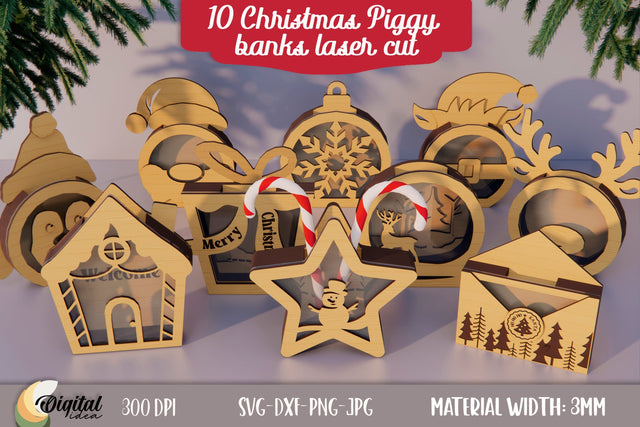 Christmas piggy bank designs bundle. Coin bank 3D Lasercut SVG Evgenyia Guschina 