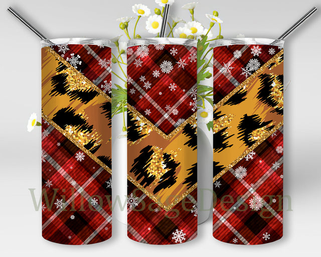 Christmas Plaid Tumbler Wrap, Leopard Plaid 20oz Skinny Tumbler, Christmas Snowflakes Tumbler Png, Christmas Red Tumbler Template, Digital Download Sublimation WillowSageDesign 