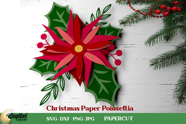 Christmas Poinsettia SVG. 3D Papercut. Christmas Paper Poinsettia 3D Paper Evgenyia Guschina 