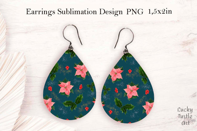 Christmas poinsettia teardrop earrings sublimation design Sublimation LuckyTurtleArt 